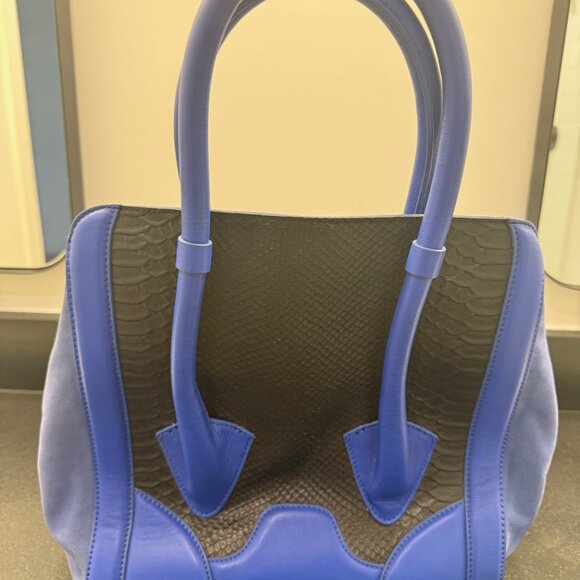 Pour La Victoire Blue and Black Leather and Suede Tote Handbag - Picture 3 of 5